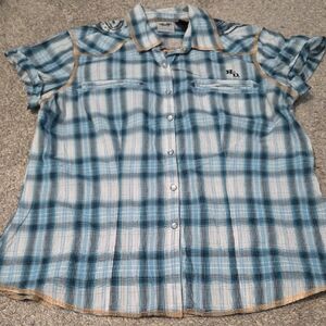 Harley-Davidson Blue and White Plaid Short-Sleeve Button-Up Shirt